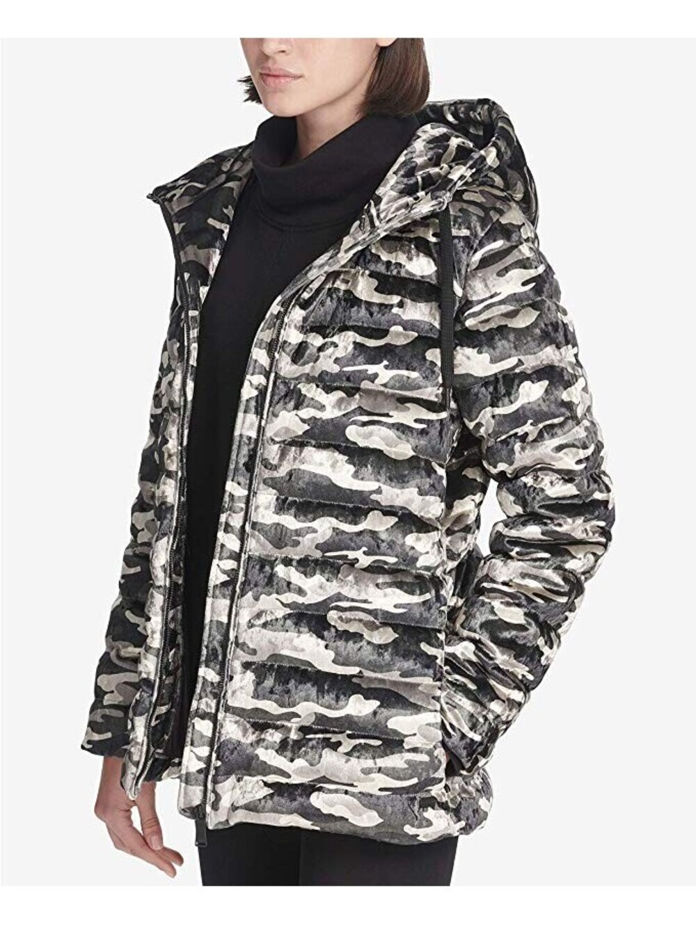 DKNY Womens Sport Camo Print Velvet Hooded Jacket Size S